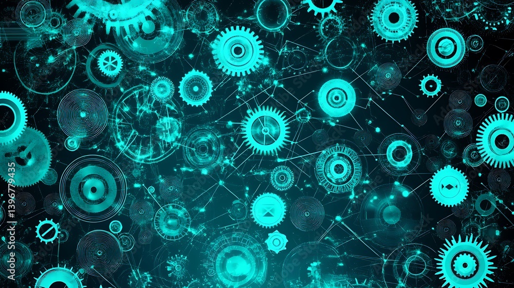 Poster abstract representation of interconnected gears and cogs in a digital environment with glowing eleme