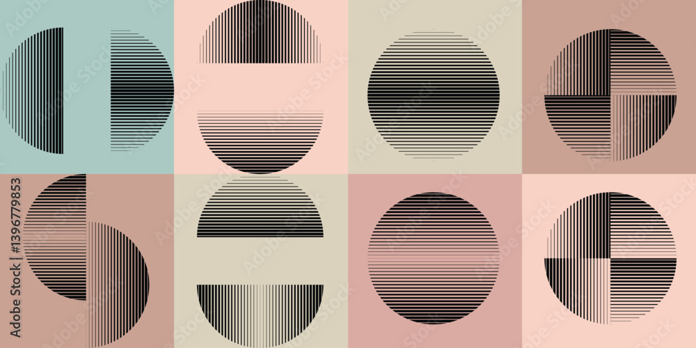 Poster modern artistic layout set with semicircle design elements . many lines form half circles in art sty