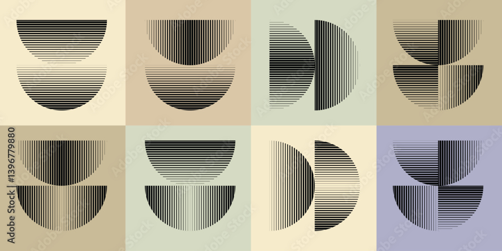 Poster modern artistic layout set with semicircle design elements . many lines form half circles in art sty