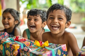 Kids unwrapping colorful presents, laughter filling the space. The excitement in their eyes brightens the festive moment
