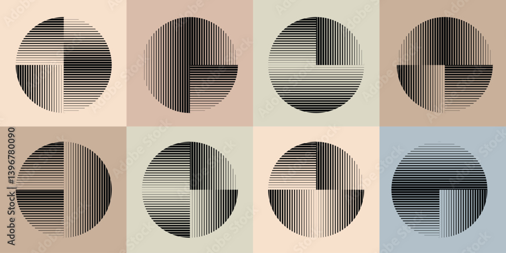 Poster modern artistic layout set with semicircle design elements . many lines form half circles in art sty