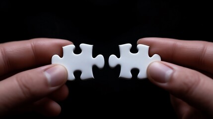 Two hands hold matching white puzzle pieces against a dark background, symbolizing connection, unity, and the importance of finding the right fit in relationships and collaboration
