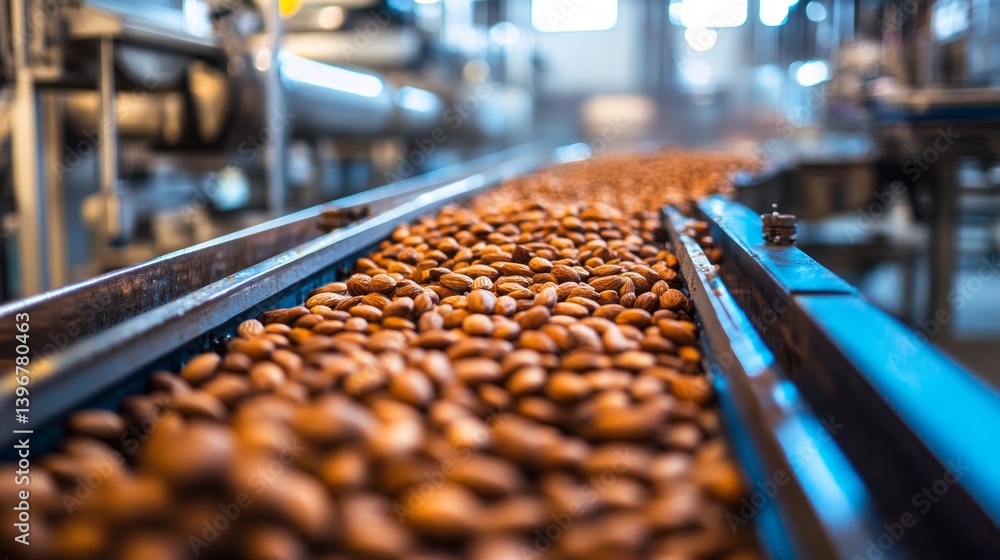 Poster fresh almonds travel down a conveyor belt in a busy nut processing factory, where workers meticulous