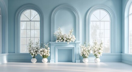 A light blue room with arched windows and white floral arrangements.