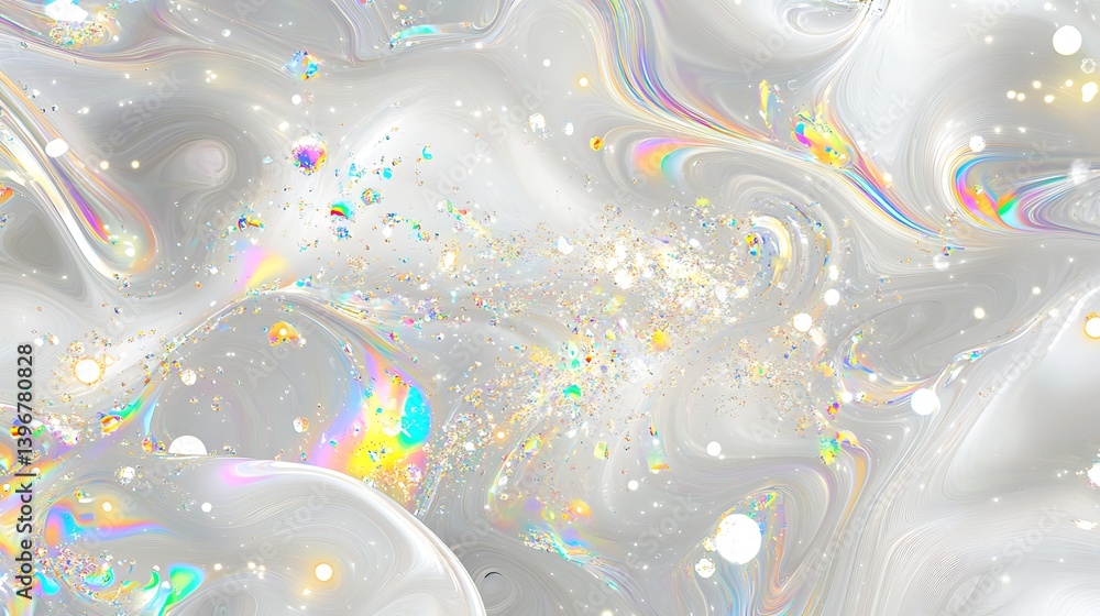 Poster abstract swirling patterns with iridescent colors and sparkling elements on a soft gray background