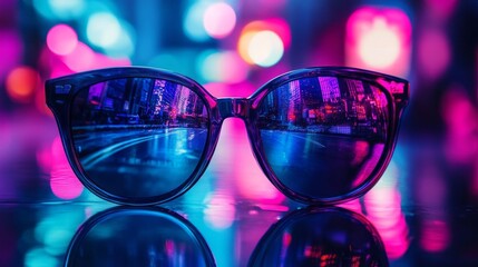 The vibrant glow of neon lights reflects in fashionable sunglasses, capturing the essence of a bustling city at twilight. The moody atmosphere adds an air of intrigue and allure