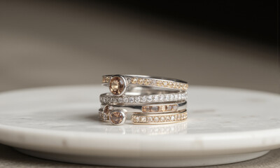 A stack of thin silver rings, each set with small mocha mousse-colored gemstones, elegantly arranged on a minimalist white marble