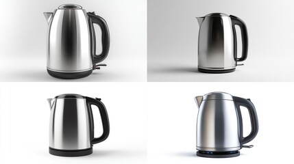 Stainless steel electric kettle, multiple angles.