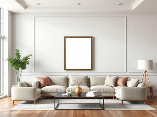 A spacious living room with a stylish wall art mockup framed on the wall, frame, modern, minimalist