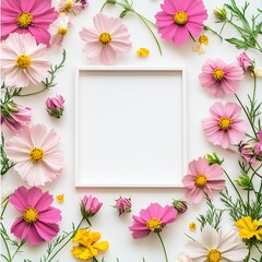 flower background template, empty white space for text in the center, with simple clean square frame  HD 8K mockup wallpaper Photographic Image