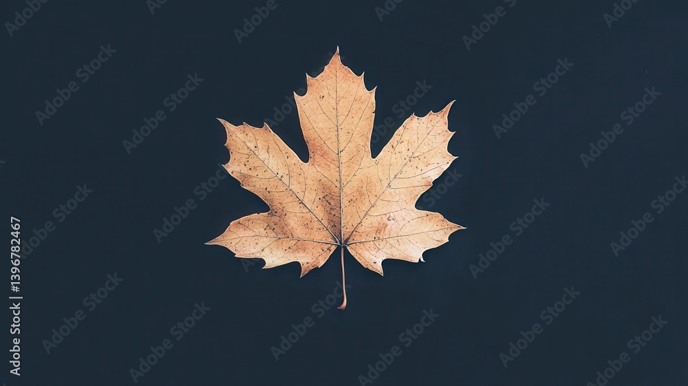 Poster isolated brown maple leaf centered on dark blue background simple fall autumn nature details macro f