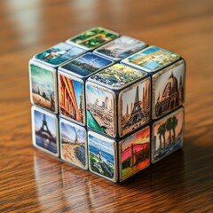 Obraz premium Colorful Puzzle Cube Featuring Famous Landmarks from Around the World