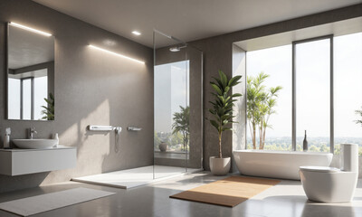 A modern bathroom with a smart shower that adjusts water temperature and pressure automatically, based on the user's preferences. The mirrors are equipped