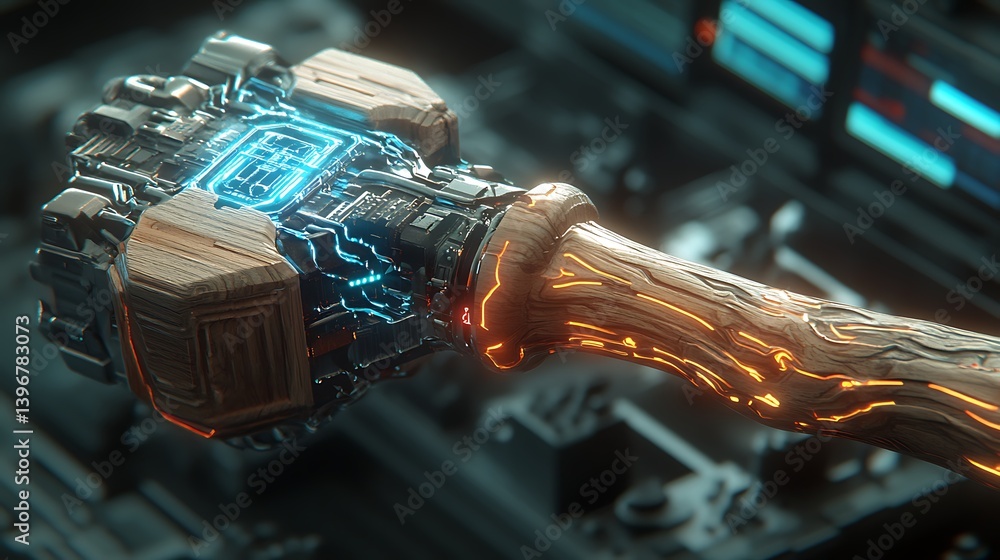 Poster a futuristic hammer with glowing circuitry on a high-tech workbench, showcasing advanced design