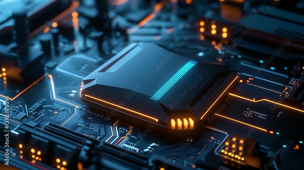 Poster close-up of a futuristic microchip on a glowing circuit board, showcasing intricate technology and d