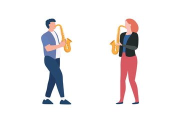 Man and woman are playing jazz music on saxophone over white background