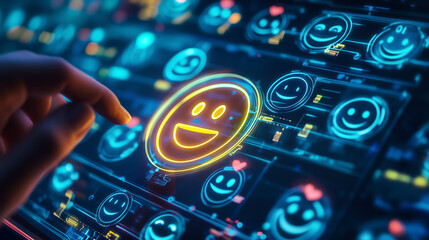 Interactive Emoticons Hand on Glowing Smiley Interface