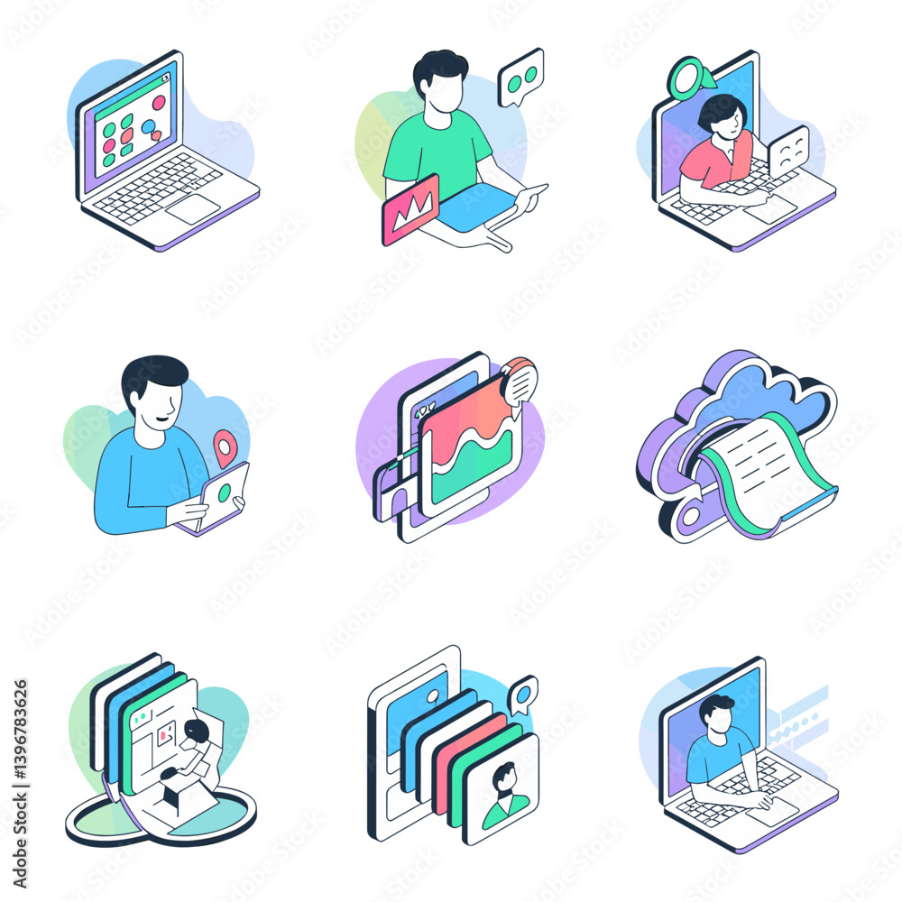 Poster set of isometric icons designed in a clean flat style representing digital tools and devices