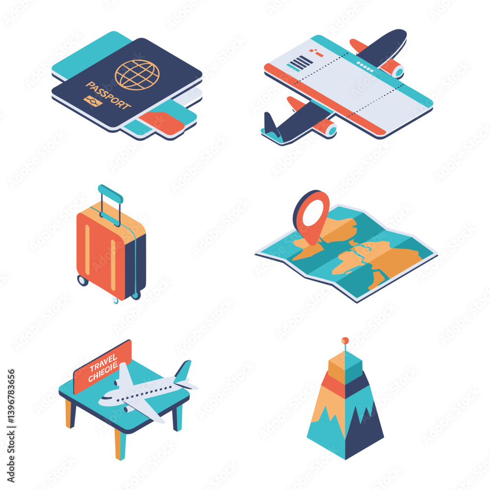 Poster isometric icon pack representing technology data cloud and network in flat design style