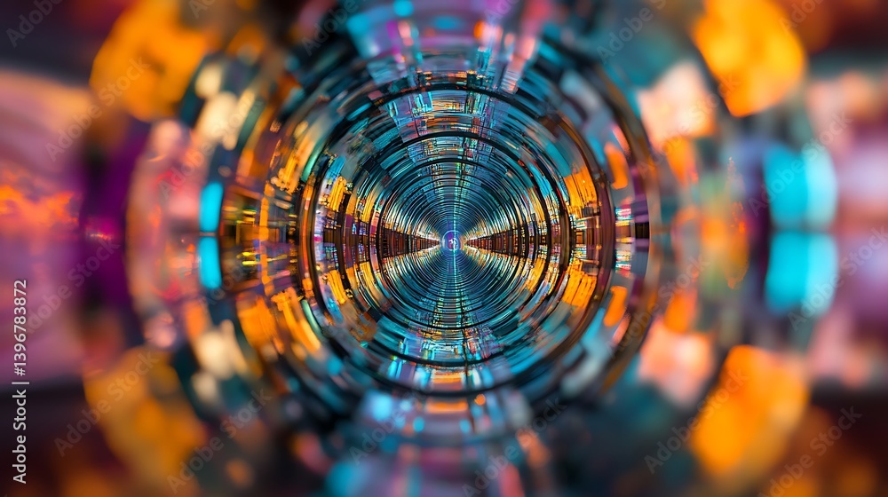 Poster abstract view of a vibrant tunnel with colorful lights and reflections, creating a dynamic atmospher