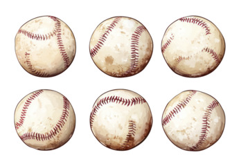 A collection of six vintage baseballs displaying unique textures and stitching, ideal for sports-themed designs or memorabilia