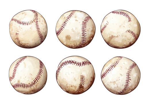 A collection of six vintage baseballs displaying unique textures and stitching, ideal for sports-themed designs or memorabilia