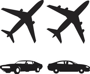 Airplane And Car Silhouette Icons Vector Transport Illustration Set Two Vehicles