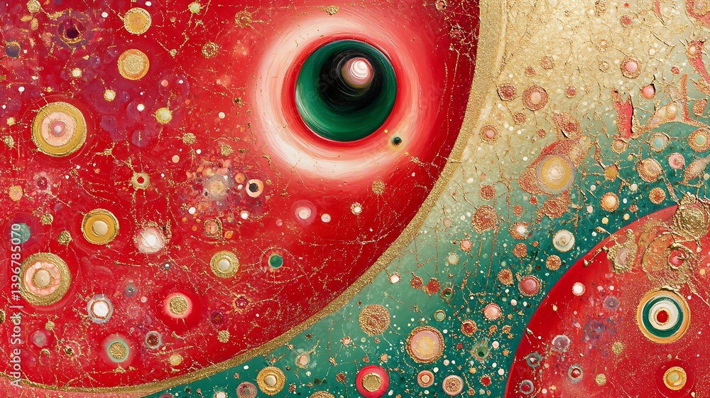 Poster abstract colorful design featuring red and green circular patterns with gold accents, creating a vib