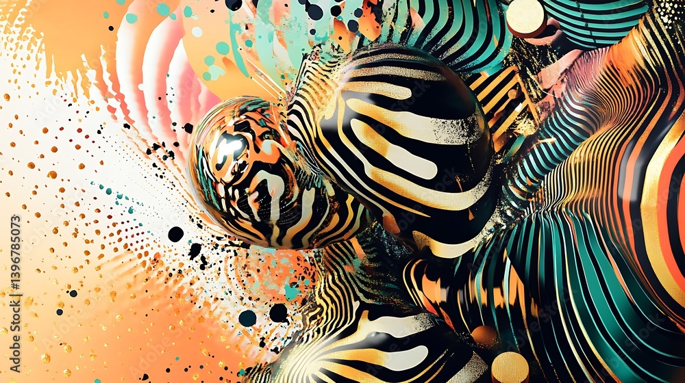 Poster abstract colorful art featuring swirling patterns and shapes, creating a vibrant atmosphere
