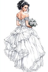 Fototapeta premium Elegant Bride in Layered White Wedding Gown with Bouquet, Generative AI.