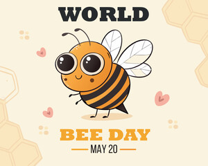 World bee day. International holiday and festival 20 May. Honeybee with honeycomb, apiary. Calligraphy hand lettering with cute black yellow insects. Cartoon flat vector illustration