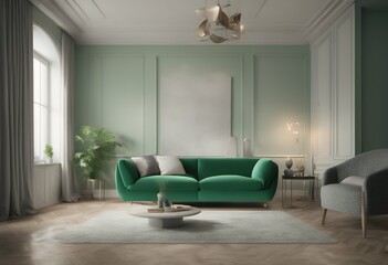 room living rendering sofa 3d interior green lamp furniture blanket three-dimensional cushion design home apartment poster wooden tree branch contemporary wall lounge classic modern coffee table