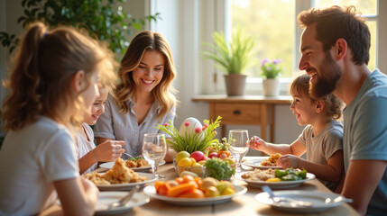Happy family celebrating Easter. Relatives and friends gathering at table decorated with Easter eggs, sharing festive meal. Easter dinner with family table with traditional food and spring flowers