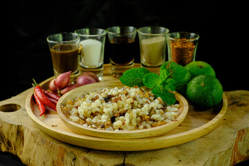 Red ant egg with flavoring for a spicy salad, The local food of Thailand the northeastern region
