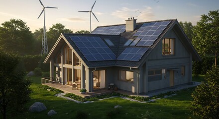 Obraz premium Modern Home with Solar Panels and Wind Turbine in Scenic Landscape Innovating Sustainable Living for a Greener Future