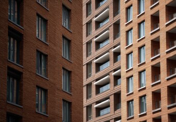 Fototapeta premium Close-up of modern urban apartment buildings with brick facades and balconies.