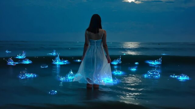 Young woman in white dress stands at the seashore at night with blue glowing creatures in the ocean under the moonlight.