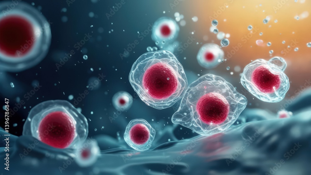 Aufkleber microscopic view of human stem cells with red nuclei floating in fluid, illuminated by soft light