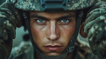 Fototapeta premium A dedicated soldier stands ready, adjusting his helmet with deep concentration. His eyes reflect a mix of resolve and readiness, embodying the spirit of service