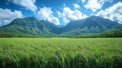 Fototapeta premium Lush green field before mountain range under bright sky with puffy clouds in panoramic wide landscape view