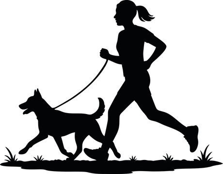 Silhouette vector of jogger with dog on trail &ndash; outdoor running and pet companionship scene
