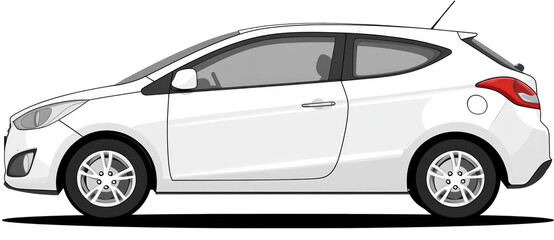 A sleek white hatchback parked on a city street, surrounded by urban buildings and greenery, showcasing modern design