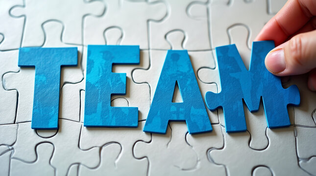 Teamwork of business people connect puzzles. Cartoon flat businessman characters connecting puzzle pieces, standing next to team word