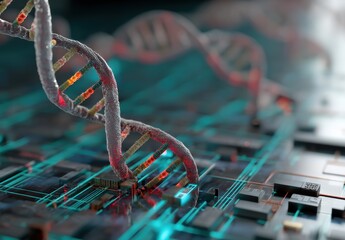 Genetic DNA strands intertwined with technology circuits.