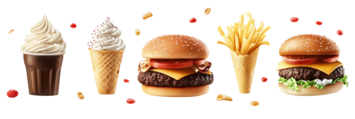 A vibrant display of fast food items including burgers, fries, and ice cream cones, set against a clean white background