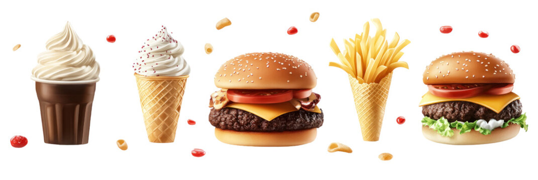 A vibrant display of fast food items including burgers, fries, and ice cream cones, set against a clean white background