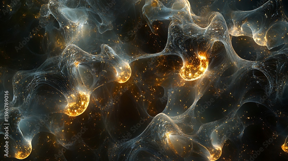 Poster abstract representation of glowing fluid shapes and textures in a dark background with sparkles