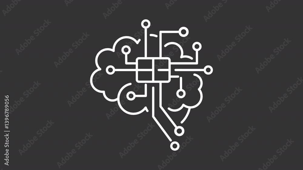 Poster brain microcircuit white line animation. neurotechnology animated icon. moving signals. scaling dots
