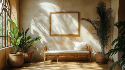 Indoor space with plants, bench, and blank frame for art display