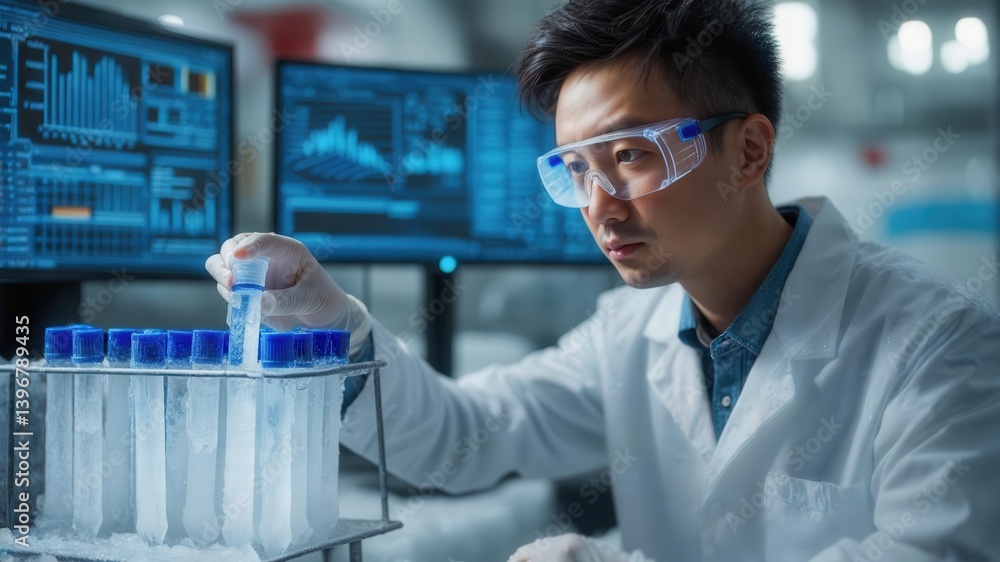 Poster scientist in a laboratory conducting research with test tubes and advanced computer screens in the b
